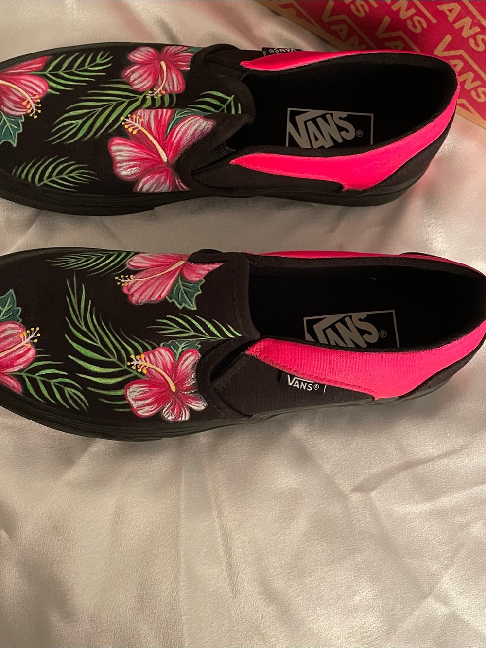 Vans Hand painted Black Slip-On Sneakers with Pink Floral Print - Picture 3 of 5